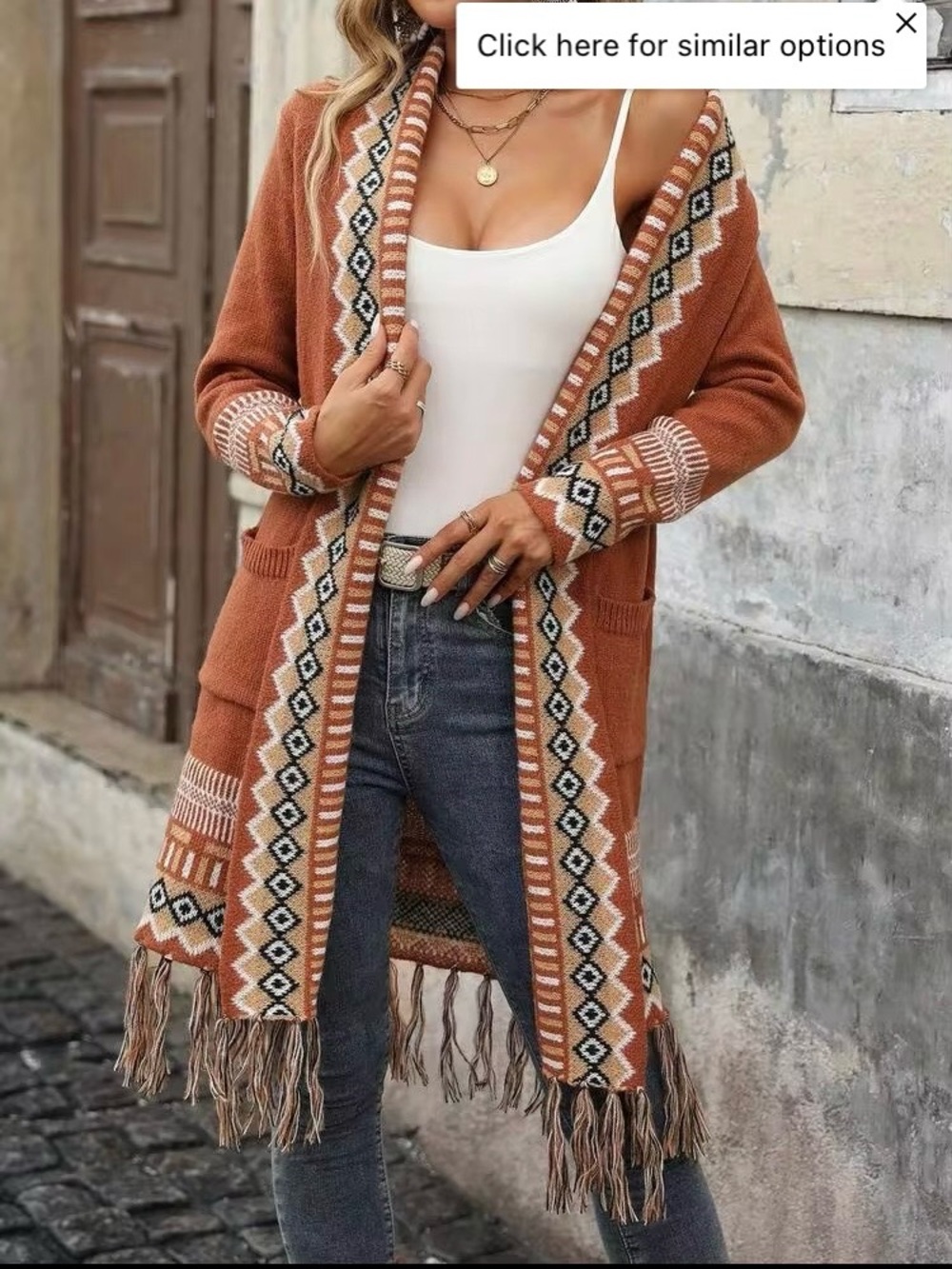 SHEIN Rust Fringe Aztec Knit Open Cardigan with Ivory & Black Trim